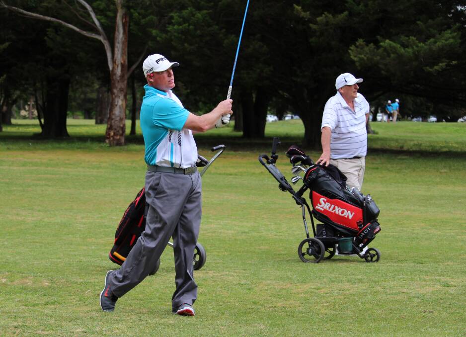 IN FULL SWING: Reigning titleholder Mitch McGlashan, watching the result of shot to the green, in action on Saturday for the Parkes Golf Club's annual Club Championships. Photo: Submitted