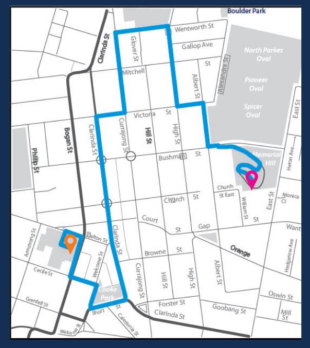 THE ROUTE: The 2018 Gold Coast Commonwealth Games Queen’s Baton Relay will begin its journey in Parkes at Memorial Hill (purple) at 4.30pm and finish at the Parkes Aquatic Centre (orange) at 5.30pm.