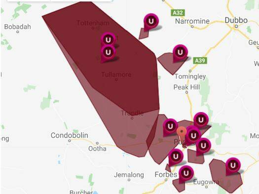 BLACKOUT: The affected areas of the power outage at 6pm on Thursday - in total more than 5000 people in these areas were in the dark. Photo: Essential Energy
