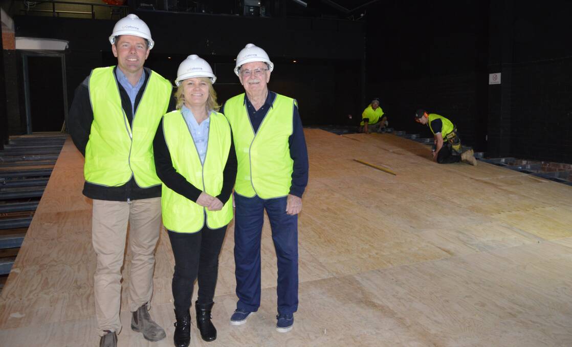 BRAND NEW: Project Manager Matt Steventon, M and D President Lyn Townsend, Warwick Tom and carpenters Jimmy Davis and Sam O'Malveney during the refurbishment of Little Theatre in 2018. Photo: BARBARA REEVES