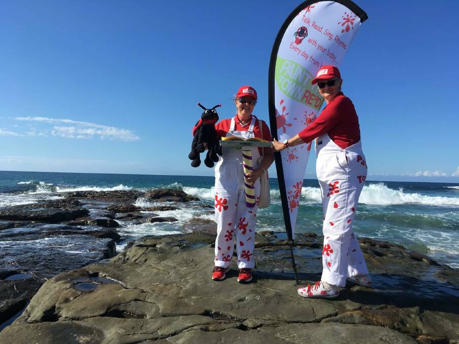 THEY MADE IT: Buglet, Barbie Bates (Executive Director Paint the Town REaD Ltd) and Rhonda Brain OAM at the finish line in Wollongong for the Paint Australia REaD Relay.