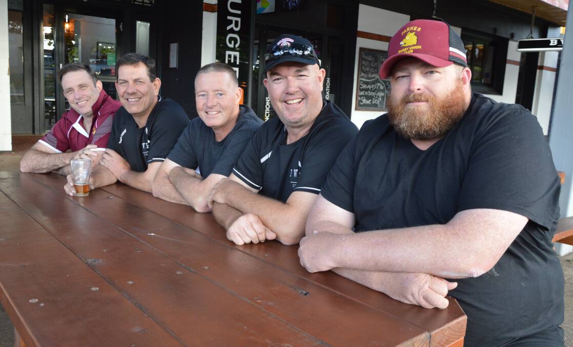 Scott Morrissey, Wayne Osborne, Craig Rusten, Richard Rice and Chris Summerhayes from the Parkes Rugby Union Club without the star-studded Elvis jumpsuits and wigs that made them famous. Picture by Christine Little