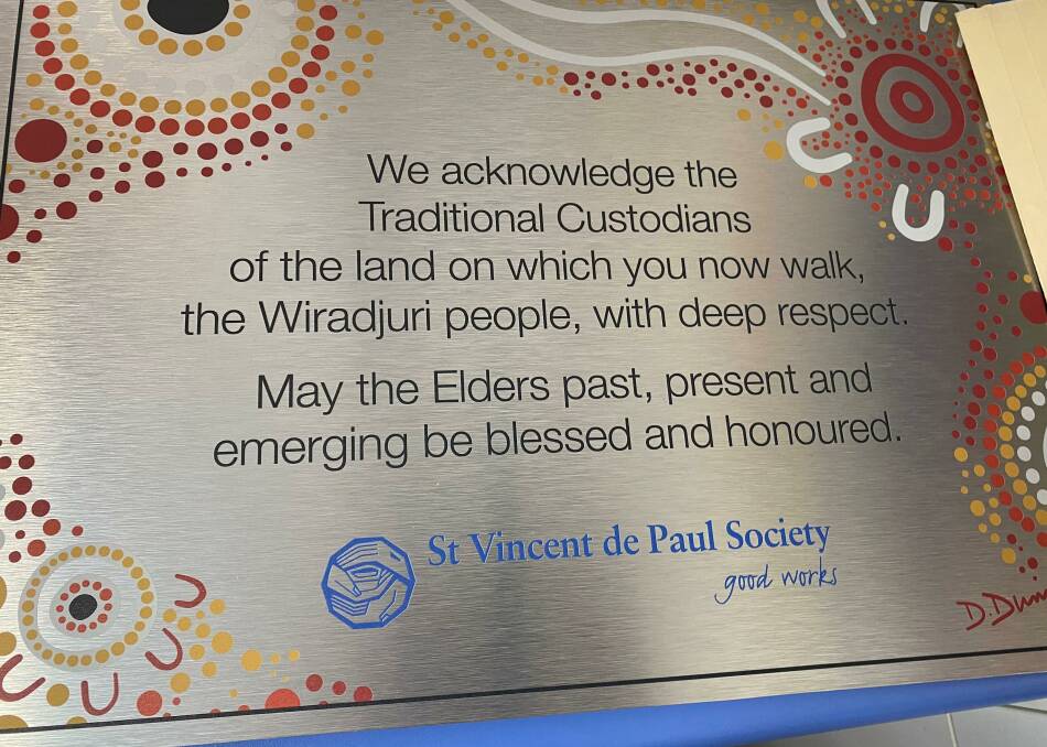 PLAQUE: The Acknowledgement of Traditional Custodians plaque St Vincent de Paul Parkes unveiled at its premises in Welcome Street on July 13. Photo: SUPPLIED