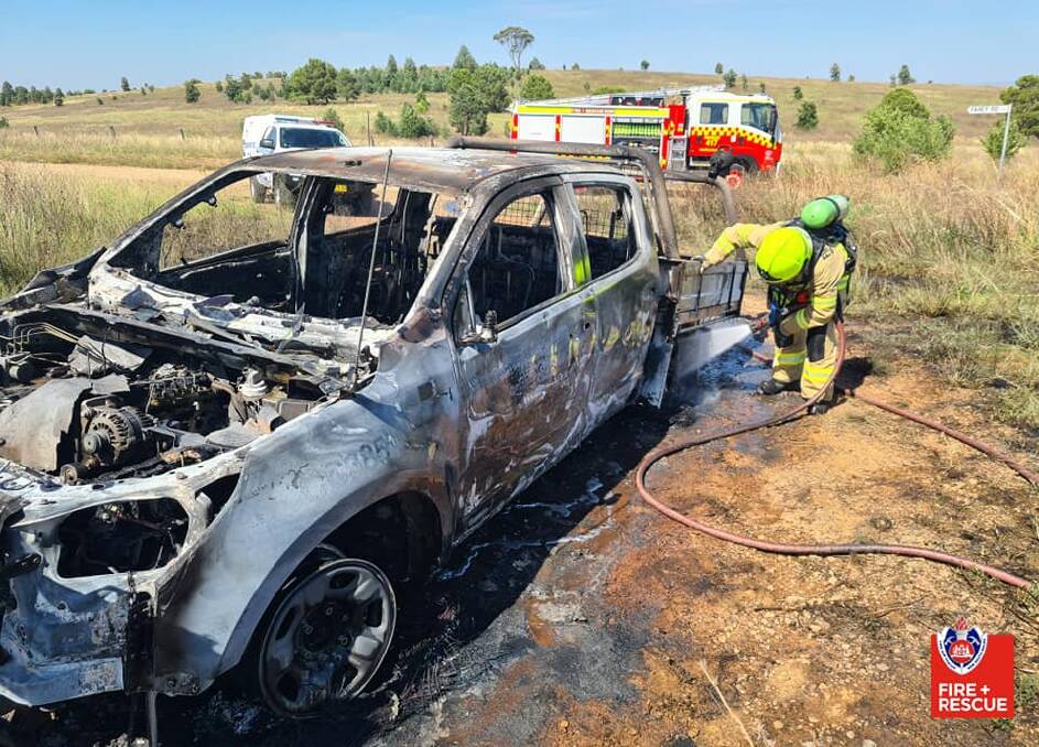 DANGEROUS CONDITIONS: Firefighters were called to a car fire in Painter Street on Tuesday morning, the day a Total Fire Ban was in place for the region. Photo: Parkes Fire and Rescue NSW