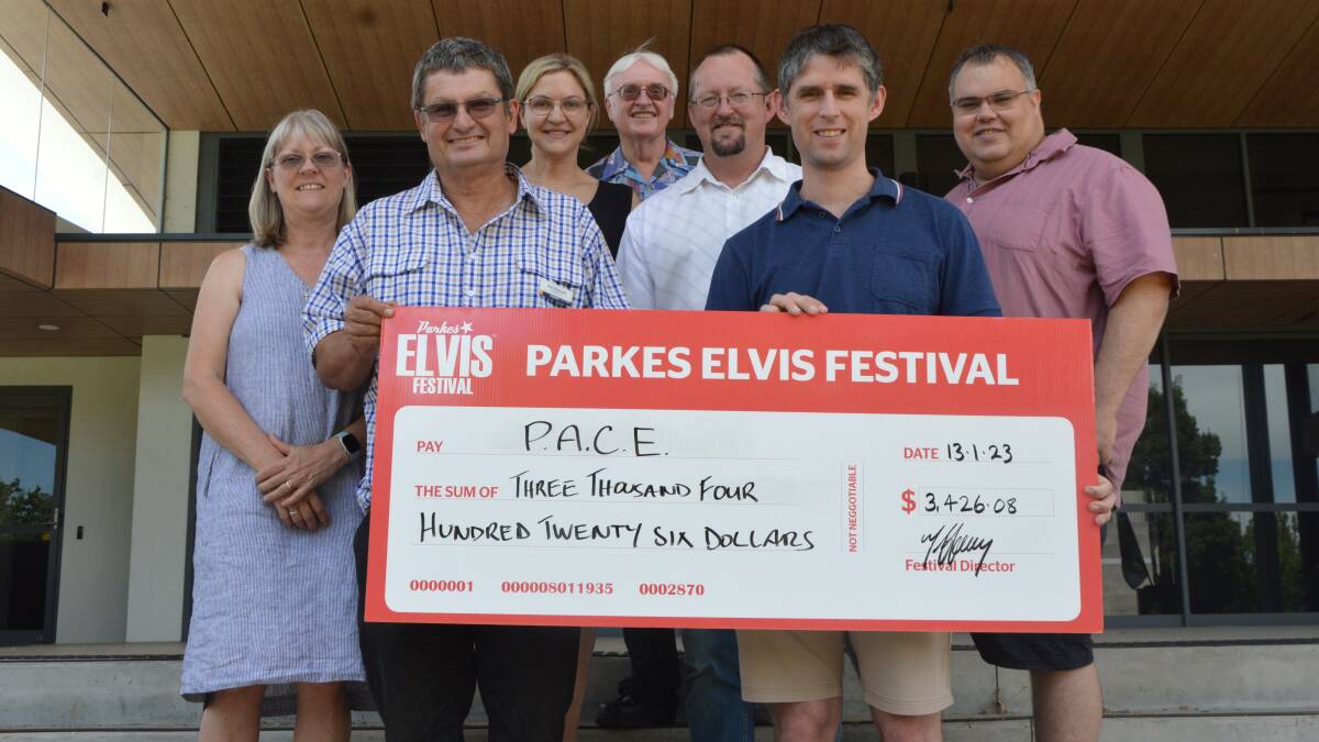 Alison and Neil Westcott from the Parkes Ministers Association, Parkes Elvis Festival director Tiffany Steel, Andrew Taggart, Craig Bland (both Ministers Association), Parkes scripture teacher David Hayward and James Leach (Ministers Association). Picture by Christine Little