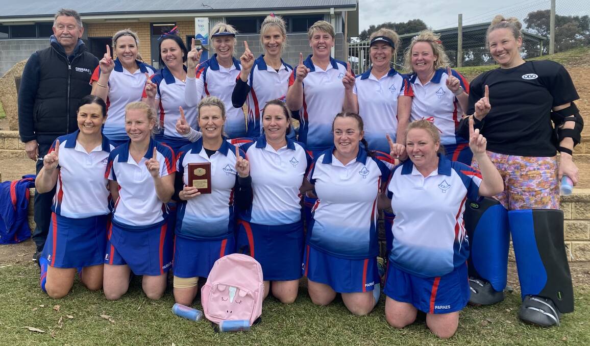 CHAMPIONS: The NSW Over 40s state champions, front, Suey McGrath, Jill Hay, Denise Gersbach, Tracey Chambers, Lee Hodge, Janelle Thompson; back, David Mike (coach), Tracey Harrison, Natalie Kelly, Mandy Westcott, Jane Grosvenor, Terina Johns, Lisa Robertson, Louise Witherow and Amy Thornberry. Photo: SUPPLIED