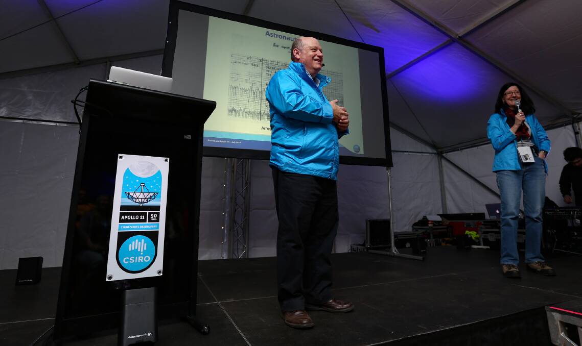 PASSIONATE: CSIRO Parkes Radio Observatory Operations Scientist John Sarkissian (centre) OAM spoke in the talks tent over the 50th anniversary weekend at the Dish. Photo: Chris Khoury.