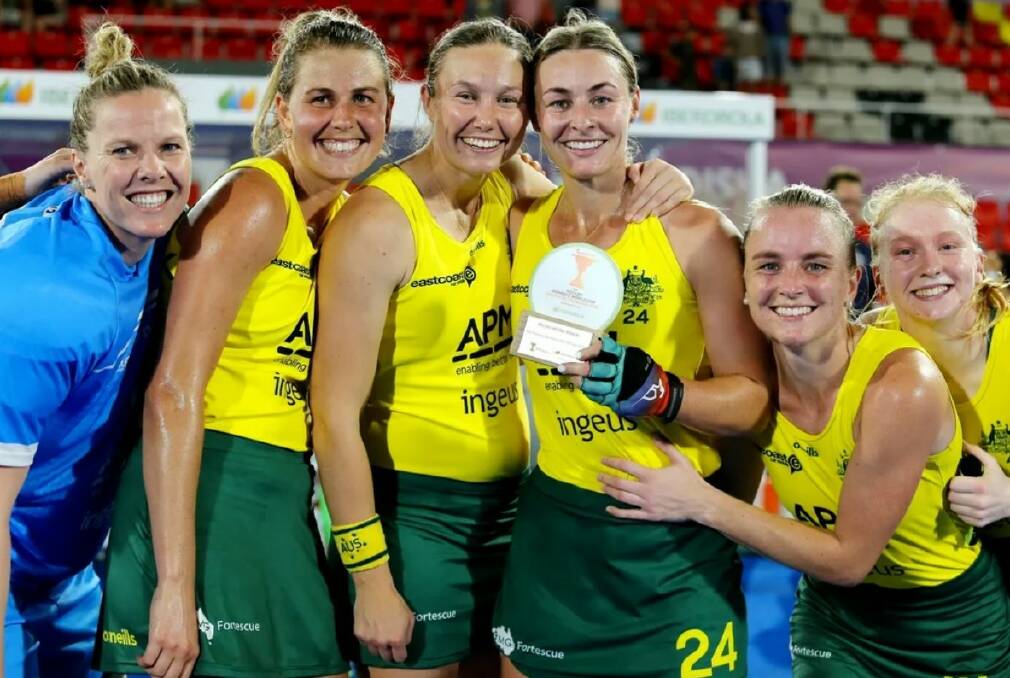 PERSISTENCE: Hockeyroos goalie Jocelyn Bartram, Madison Fitzpatrick, Claire Colwill, Player of the Match Mariah Williams from Parkes, Jane Claxton and Amy Lawton celebrate after a tough opening match. Photo: International Hockey Federation