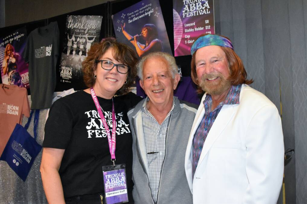 Lisa Moon, Bob Bokeyar and Cr Ken (aka Benny) Keith had a great night at the Bjorn Again concert at the Parkes Leagues Club last year. Picture by Jenny Kingham