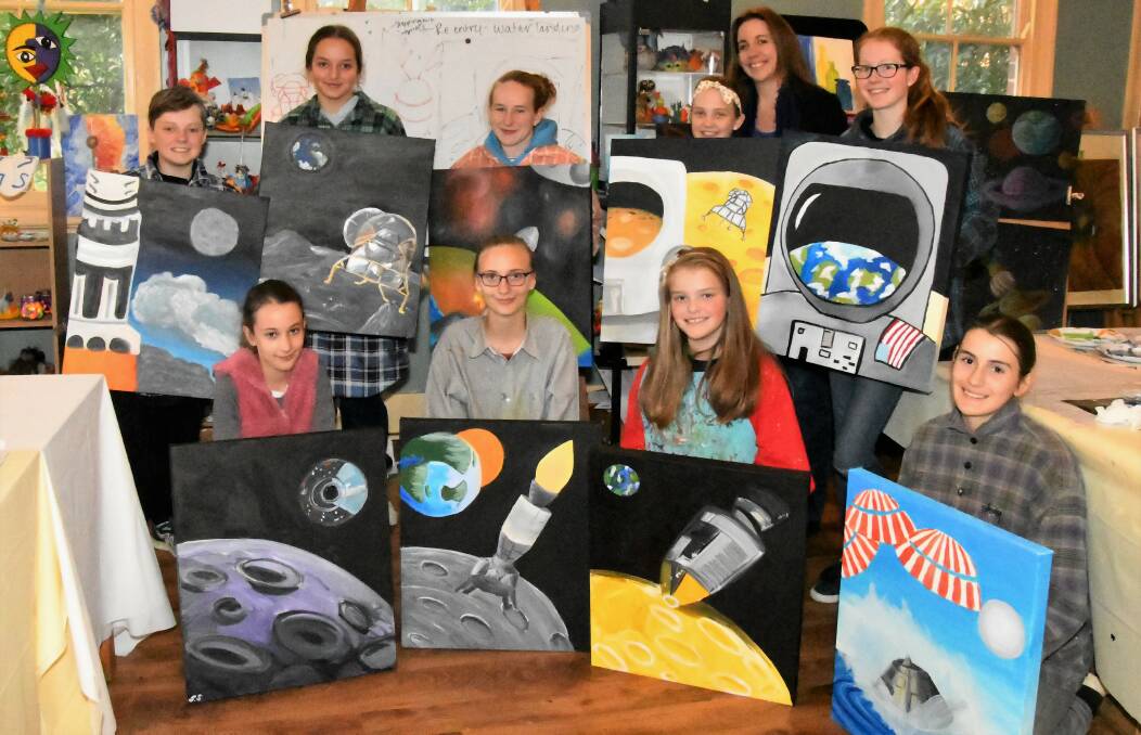 ART WORKSHOPS: Some of the young artists involved in the 'To the Moon and Back' workshop - back, Tristan Hanstock, Dani Goodrick, Heidi Parkin, Jesse Woods, Leanne Wilson (Little Art Co) and Genevieve Bland; front, Suzanne Smit, Estella McFadyn, Anabelle van Wyk and Ella Butler.