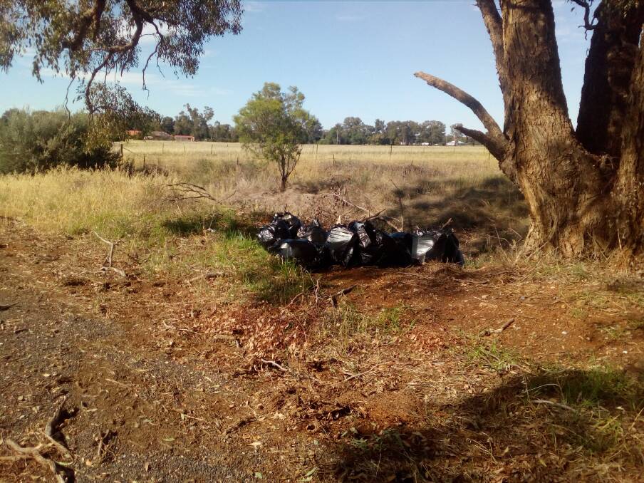 NOT HAPPY: A Parkes resident is not impressed with the bags of trash that were dumped in Tanks Road. Photo: Supplied