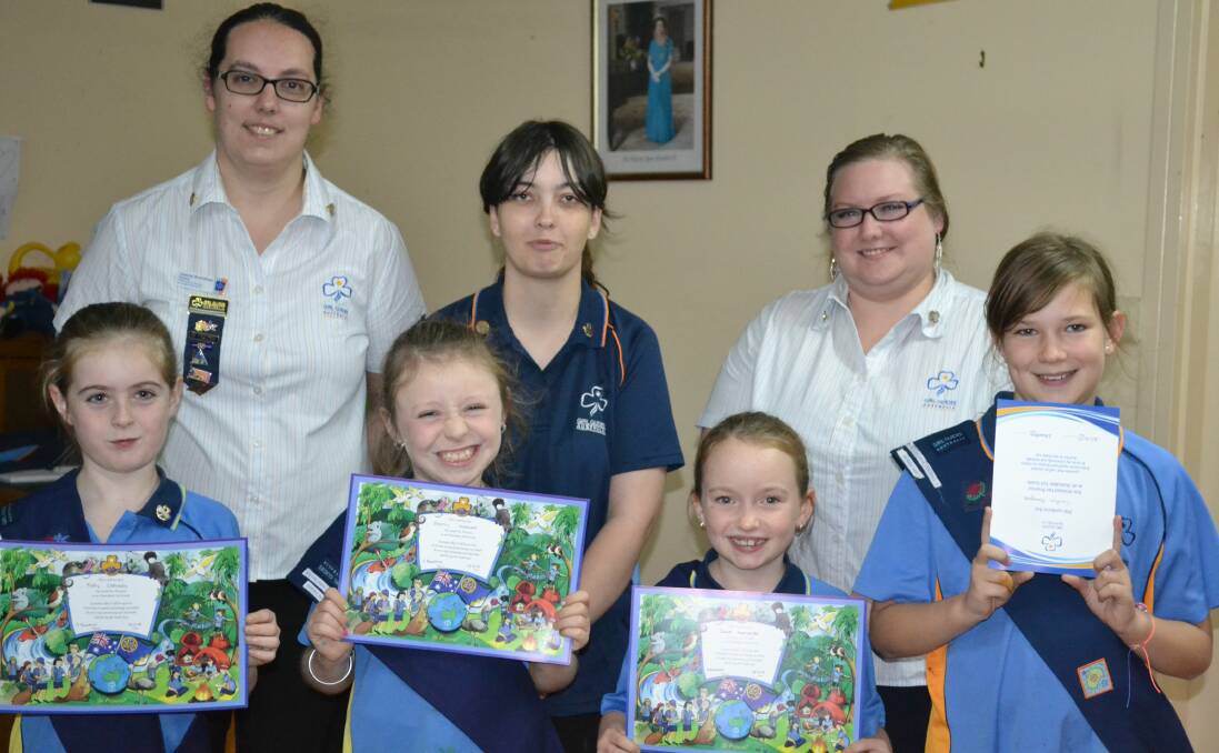 GIRLS ONLY: District manager Joanne Buerckner with Parkes Girl Guides Elisha Littlewood (unit helper) and Donna Ellem (Guide leader); front, new members Molly Clohessy, Ebony Hastwell and Grace Fernando, and Caitlin Douglas. Photo: Submitted