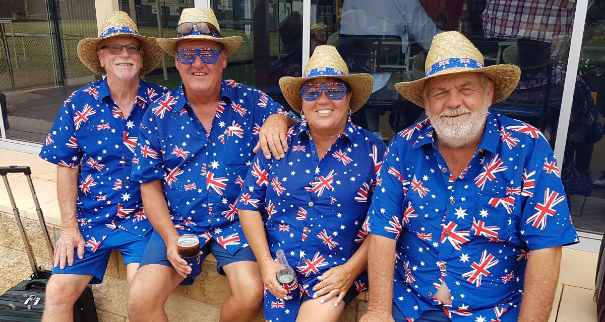 AUSSIE, AUSSIE, AUSSIE: Railway bowlers Mick Furney, Peter Job, Lea Tanks and Steve Frame certainly added to the color of the Australia Day carnival at the Parkes Bowling and Sports Club on Tuesday. Photo: Submitted