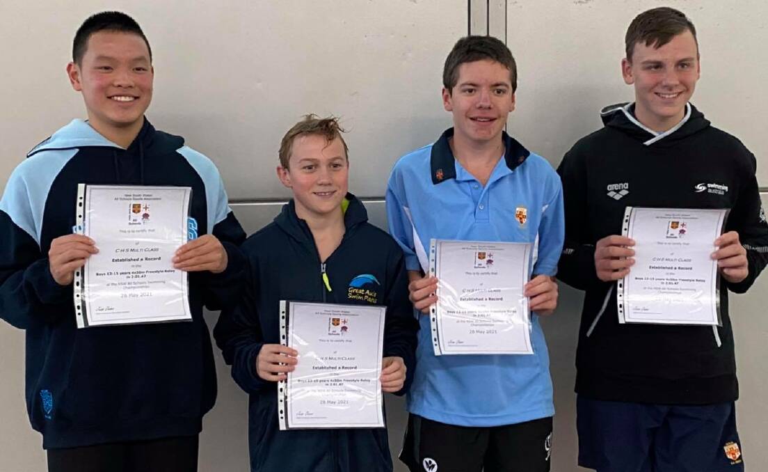 RECORD HOLDERS: Year 9 Parkes High School student Matty Price (far right) with his 4x50m relay team who broke a seven-year record at the NSW All Schools titles. Photo: NSW Combined High Schools Sports Association Facebook page