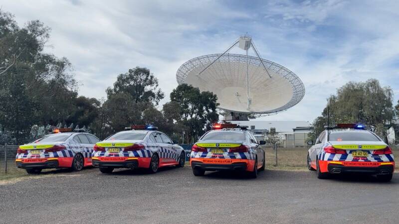 ON PATROL: Additional Highway Patrol vehicles gathered at the Parkes Dish before embarking on Operation TRANCE patrols. Photo: Submitted