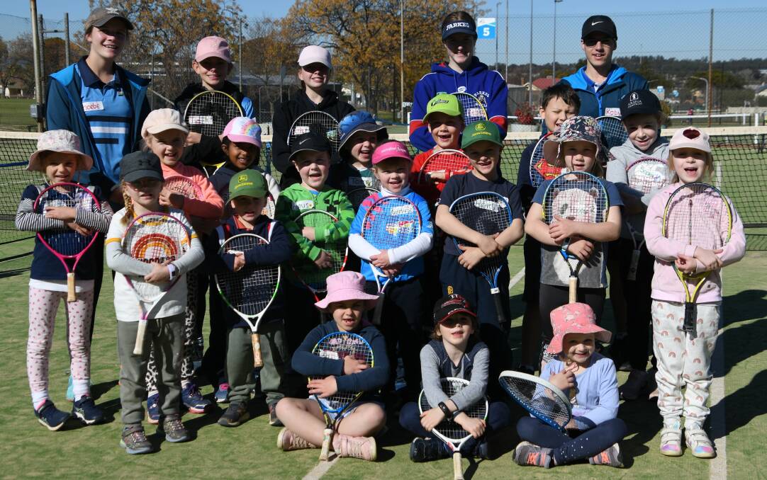 BIG TURNOUT: There was a large group of juniors enjoying the sunshine during the school holiday tennis camp from July 7-9, led by instructors Phoebe Potts, Kelsey Mann, Faith Clark, Tiah Dunn and Kobe Wirth. Photo: Jenny Kingham