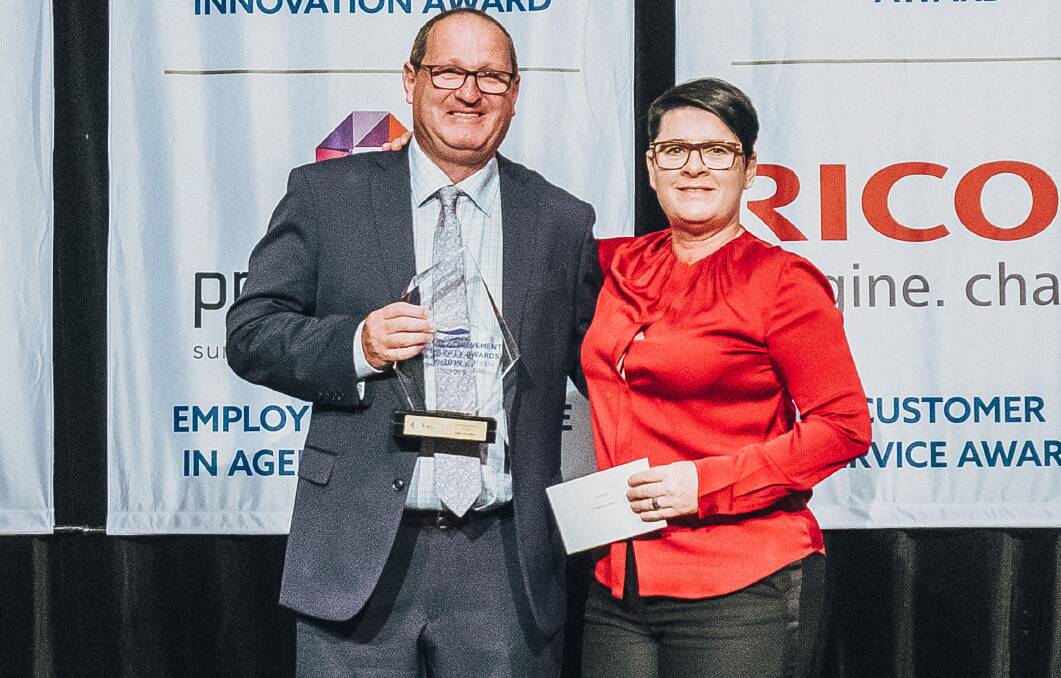 GREAT LEADERSHIP: Head of HSE, TransGrid Krista-Lee Fogarty presented Trundle Central School principal John Southon his leadership award at the awards gala dinner. Photo: Submitted