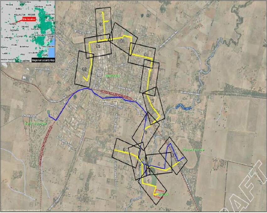 NEW MAIN: The yellow indicates the proposed recycled water pipeline alignments. The blue is the existing alignment of the Parkes Golf Course and Parkes Racecourse pipes.