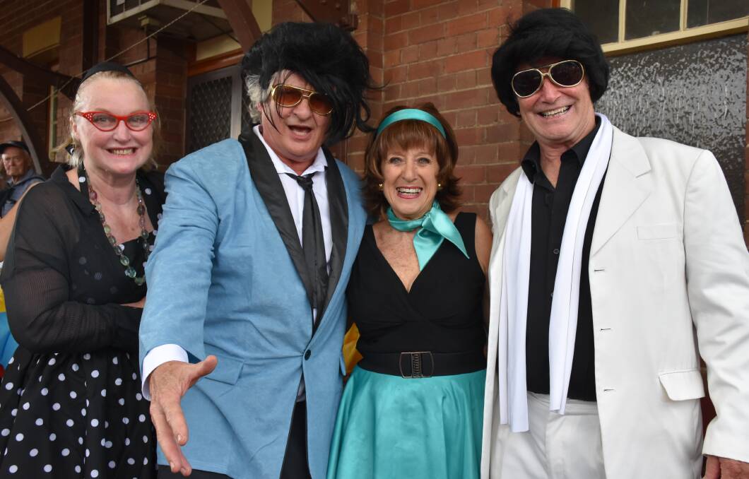 2019: Marina and Roger Lindsay with Kerry and Chris Levi, all from Sydney, arrived at this year's Parkes Elvis Festival in style, aboard the Elvis Express. Photo: Barbara Reeves