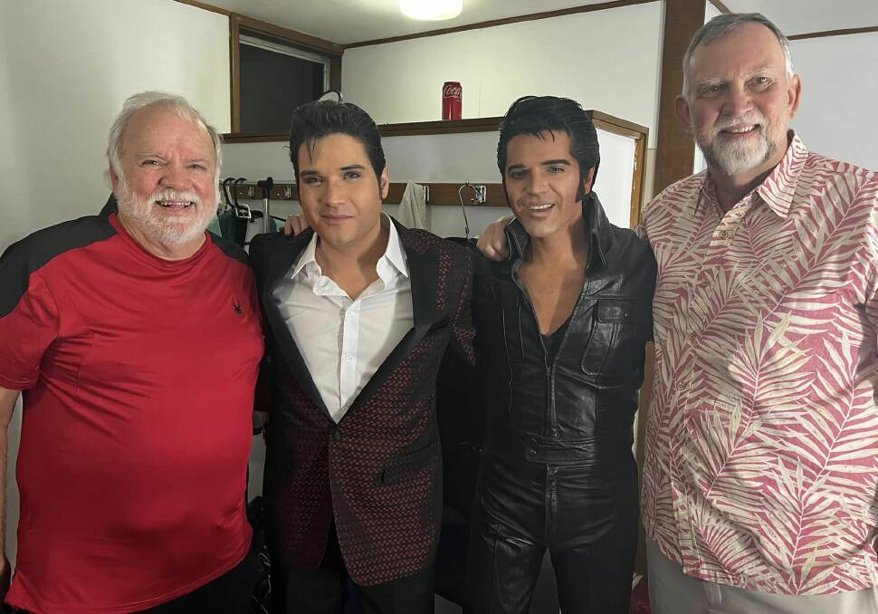 Elvis' tour producer in the 70s Charles Stone, headline acts from the US Victor Trevino Jr and Dean Z and from the US and Elvis' personal bodyguard and friend Sam Thompson back stage at the Parkes Leagues Club. Picture Victor Trevino Jr Facebook page