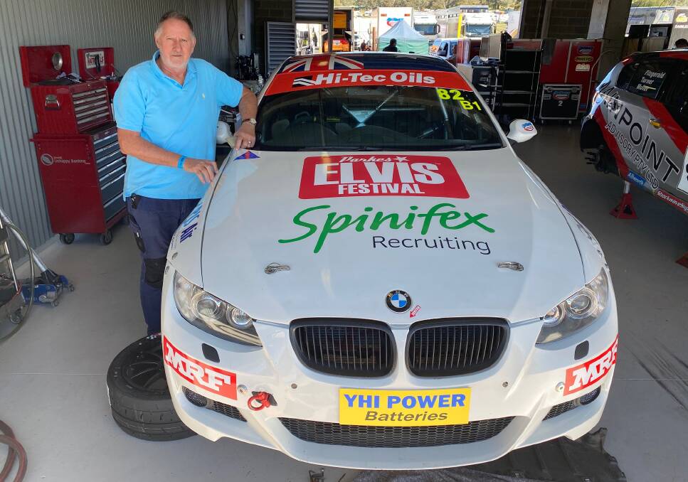 START YOUR ENGINE: Parkes businessman Peter O'Donnell will compete in his third Bathurst 6 Hour in his BMW 335i and he's taking Elvis with him this year. Photo: Submitted