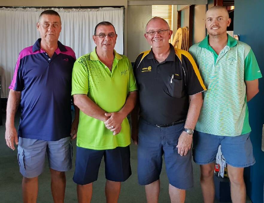 2018 WINNERS: Last year's Rotary Golf Day scratch winners were Wayne Parker, Mick Smith and Blake Parker, congratulated by Rotary's Colin Offner (second right).