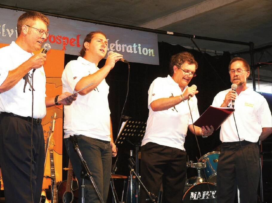 The Elvis Gospel Service outgrew the Parkes Uniting Church and moved to the Big W underground carpark. Craig Armstrong, Aaron Kingham, Rev Tom Stuart and Dave Warburton sang acapella gospel music during the 2008 Gospel Service.