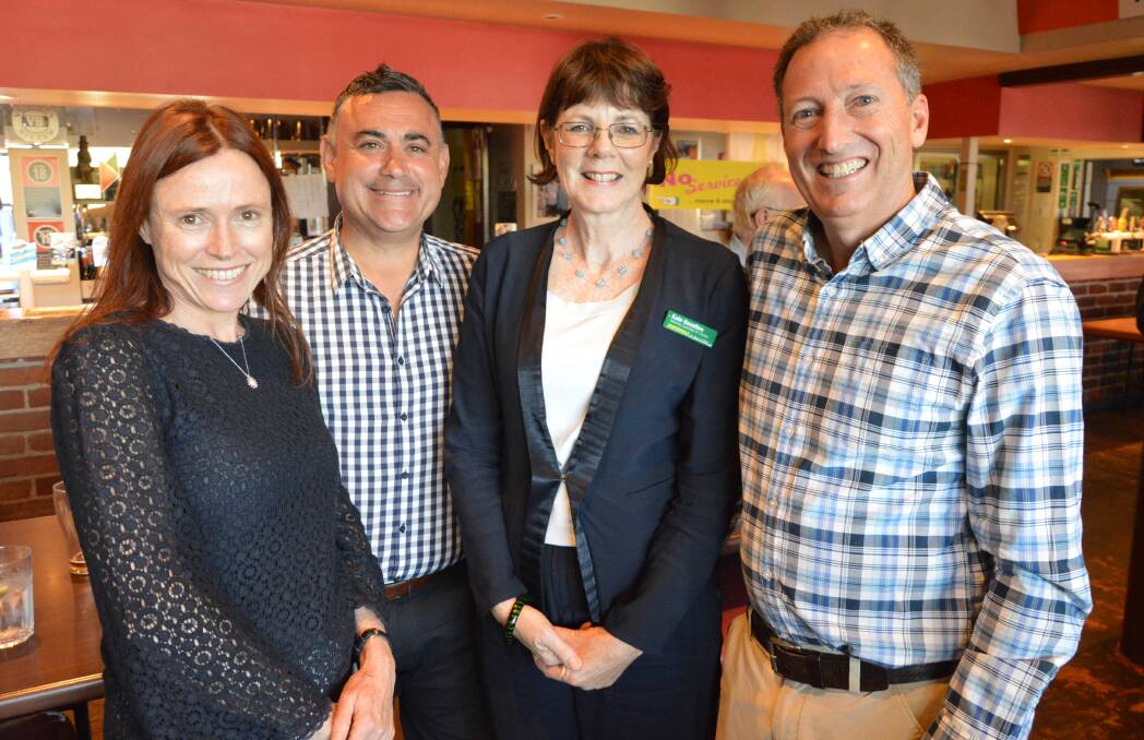 POLLIES IN THE PUB: Justine and James (right) Fisher from Clean TeQ had the opportunity to meet NSW Deputy Premier and Minister for Regional Development John Barilaro and Nationals candidate for the state seat of Orange Kate Hazelton last Thursday at the Railway Hotel. Photo: Christine Little