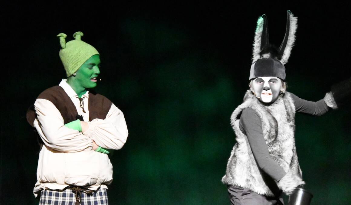 SHREK THE MUSICAL JR: Matt Prow played the role of Shrek in the Parkes Musical and Dramatic Society's production of Shrek the Musical Jr in June, with Tom Buesnell as Donkey, a role that has seen him nominated for a CAT Award. Photo: Jenny Kingham