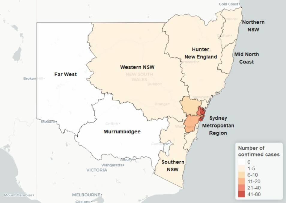 CONFIRMED CASES: Western NSW remains in the 1-5 bracket of confirmed COVID-19 cases as of March 17, 2020. Graphic: NSW Health 