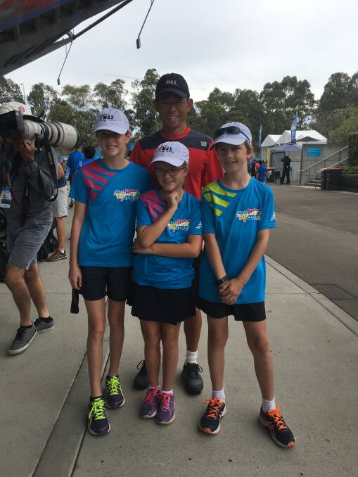 Very lucky ANZHotShots kids Kelsey Mann, Jordan Mann and Ethan Hunt with Tennis Australia's super coach Andrew Sun at the Sydney International where they had an amazing experience to play on Ken Rosewall Arena.