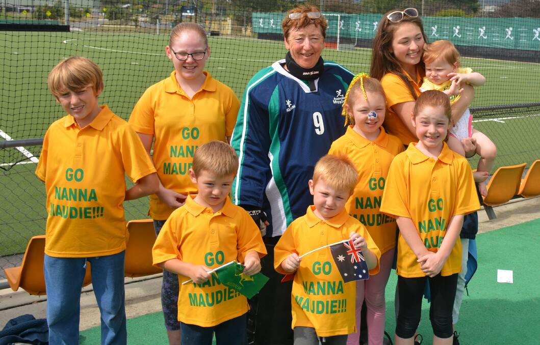 A very proud nan, Maureen Massey with her grandchildren - back from left, Charlie Denham-Jones, Isabella Smith, Gracey Denham-Jones holding Evie Smith; front - Max Jones, Lockie Jones, Sophy Jones and Holly Smith - when she was selected for her second Masters World Cup in 2016.