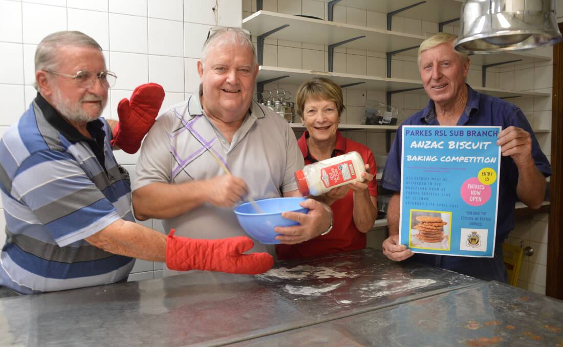 GET COOKING: Parkes RSL Sub-Branch president Keith Woodlands, Paul Thomas, Fran Dixon (Women's Auxiliary) and Ray Knights (vice president) are calling on all those keen Anzac biscuit bakers out there to enter their competition. Photo: Christine Little