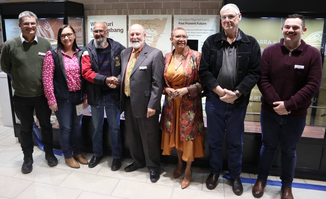 OPENING: Deputy Mayor Neil Westcott, Cr Marg Applebee, Robert Clegg, Mayor Ken Keith OAM, Irene Ridgeway, Geoff Anderson and Cr Jacob Cass at Tuesday's exhibition opening in the Parkes Shire Library and Cultural Centre. Photo: Supplied