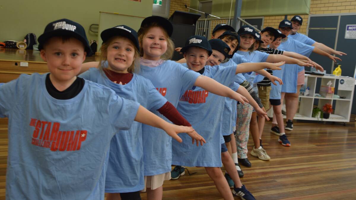JUMP TO IT: Koby Ramsay, Sophie Haensch, Tatum Lawler and Kade Davis, along with fellow Parkes PCYC OOSH kids at Parkes Public School, help to promote the StarJump Challenge fundraiser. Photo: Christine Little