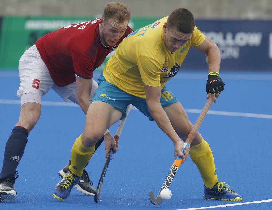 SOLID GAME: Former Parkes junior Kurt Lovett said his debut with the Kookaburras, against Great Britain, was very overwhelming but he had a solid game. Photo: Steve Christo