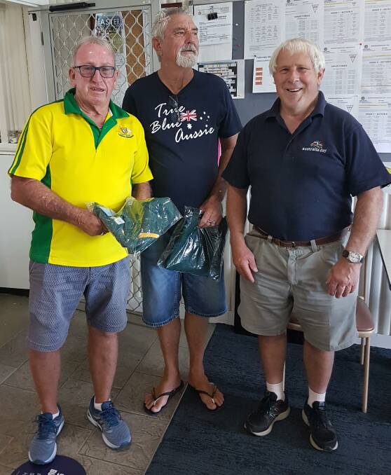 WINNERS: Tim Keith (right) presented the Australia Day winners at the Railway Bowling Club Graham Thomson and Tony Latter. Photo: Submitted