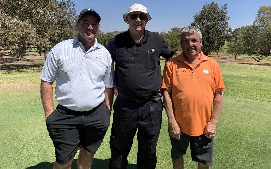 THEN THERE WERE TWO: After some words of wisdom from Peter Boschman (centre) to the final two players Ken Cobcroft and Robert Hey, the scene was set for a thrilling finish. And it was veteran golfer Cobcroft who won his second IGA Shootout. Photo: Submitted