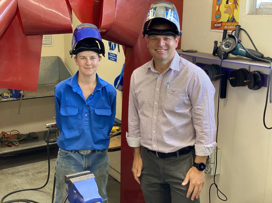 SCHOOL TO WORK PROGRAM: Phil Donato met with Trundle Central School student Max Longhurst to check out his fine welding skills in the schools workshop. Photo: Submitted