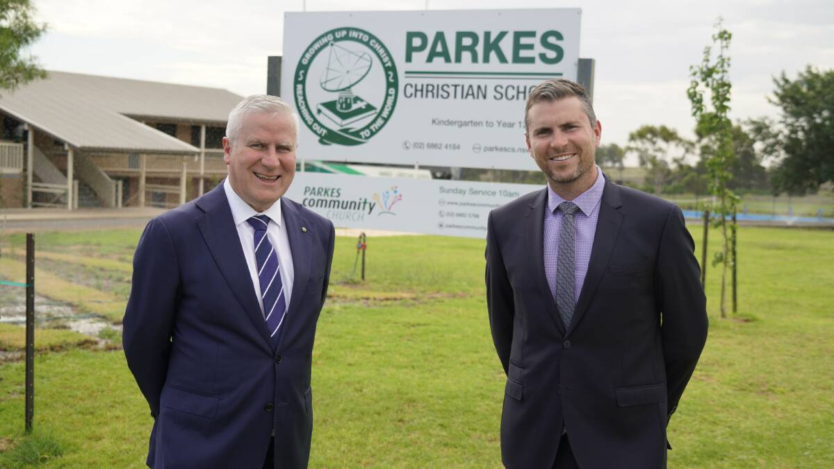 FUNDING: Member for Riverina and Deputy Prime Minister Michael McCormack with Parkes Christian School Principal Glen Westcott after the school was announced to receive $800,000 for a new building. Photo: Submitted