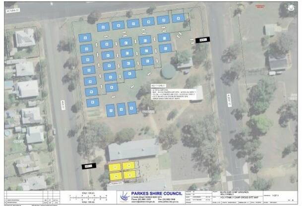 ANOTHER OPTION: The approved temporary caravan park at Holy Family Primary School during the Parkes Elvis Festival will feature 34 sites, four of them powered (yellow) and is in place until 2029.
