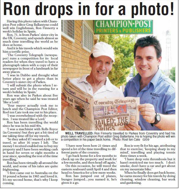 FEBRUARY 2009: Coventry man Ron Finnerty was in Australia and Parkes the same time 10 years ago.