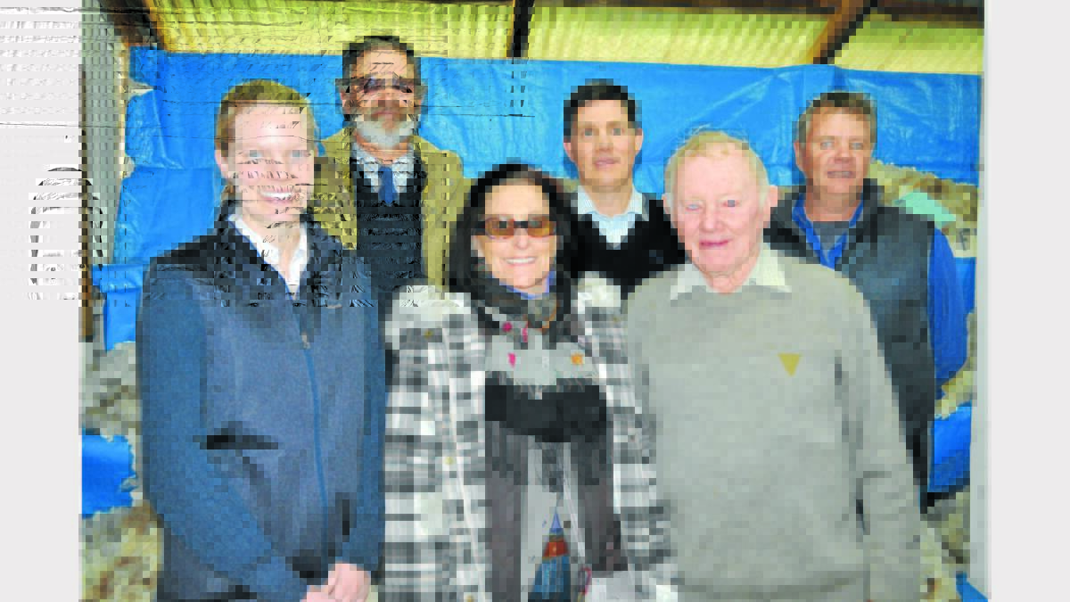 From left - Jess Pagan (Rabobank), John Maher (Chief Sheep Steward), Jo Wadsworth, Charles Perry (Rabobank), Des McIntyre and Ray Cannon (Chief Wool Steward) met up in the Wool Pavilion.