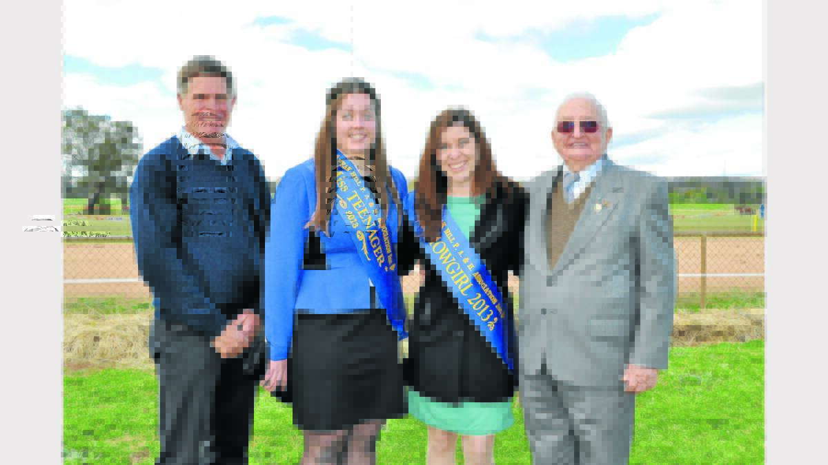 Peak Hill P A and H Association President Ian Westcott, Miss Teenage Showgirl  Amy Hart, Miss Showgirl Sarah Bendall, and official guest Dick Baxter.